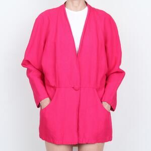 Vintage Magenta Pink Linen Long Jacket Oversize Blazer Size L